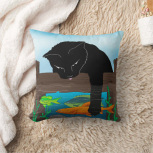 Black Cat Fishing Blue Throw Pillow