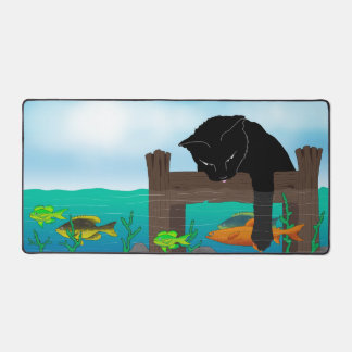 Black cat fishing off dock desk mat