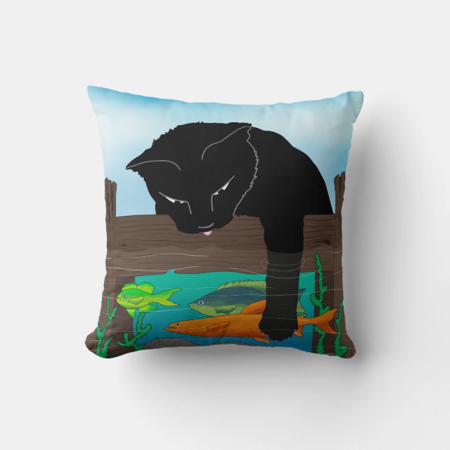 Black Cat Fishing Turquoise Throw Pillow (Front)