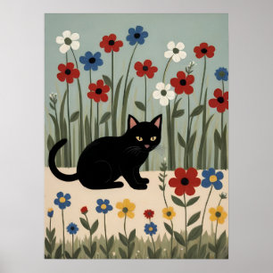 Black Cat Floral Art Cute Botanical Wall Decor Pos