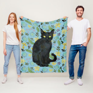 black cat floral fleece blanket