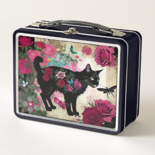 Black Cat Floral With Roses And Dragonfly Metal Lunch Box
