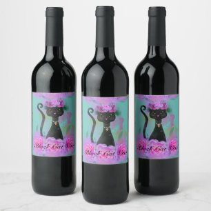Black Cat flower crown sitting in pink roses Wine Label