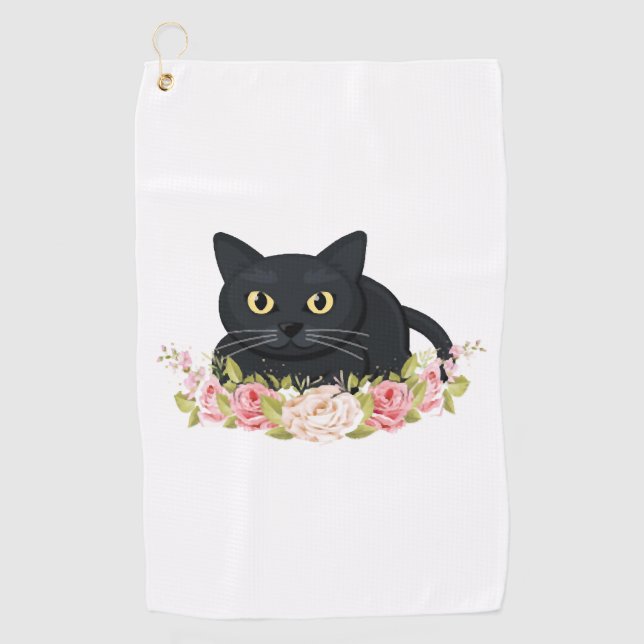 black cat flower golf towel (Front)