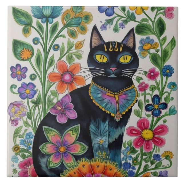 Black cat, flowers, butterflies, native art tile (Front)