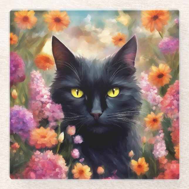 Black Cat Flowers Garden Cat 736 Glass Coaster (Front)