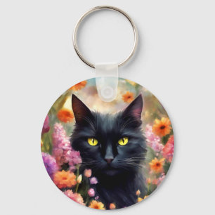 Black Cat Flowers Garden Cat 736 Keychain