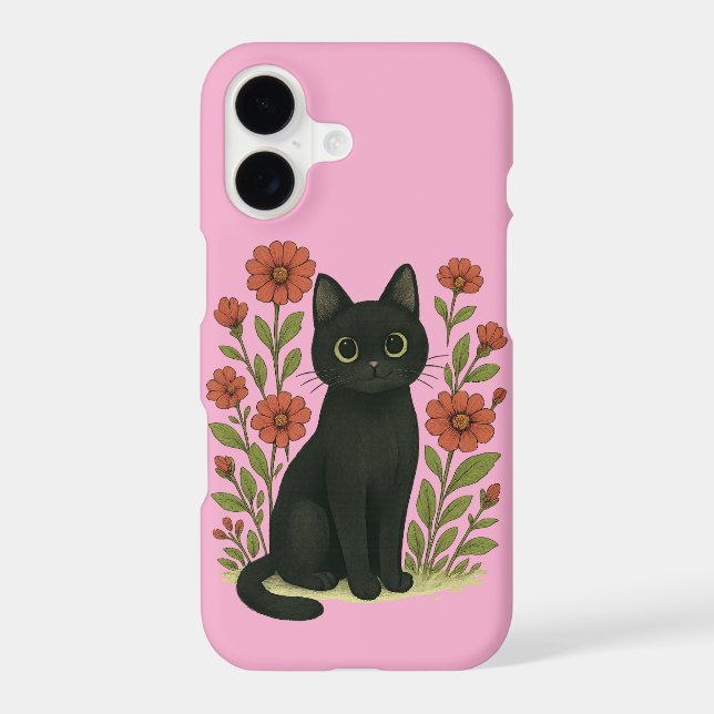 Black Cat & Flowers iPhone 17 Case (Back)