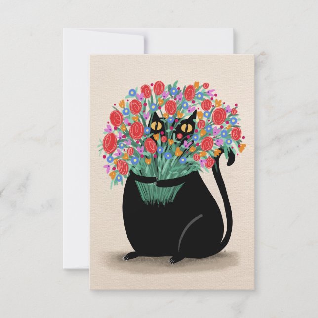 Black cat & flowers thank you card (Front)