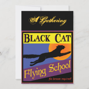 Black Cat Flying School Halloween Invitations