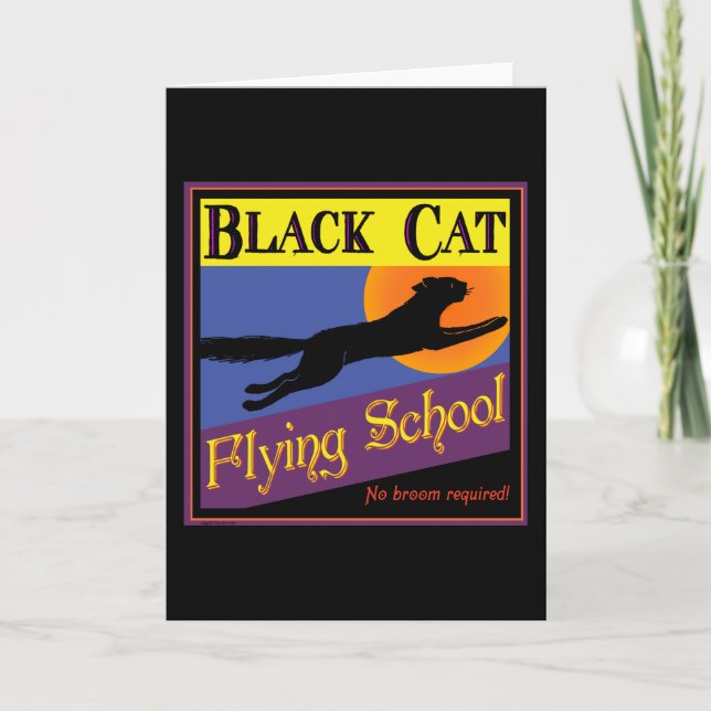 Black Cat Flying School Vintage Halloween Art Card (Front)
