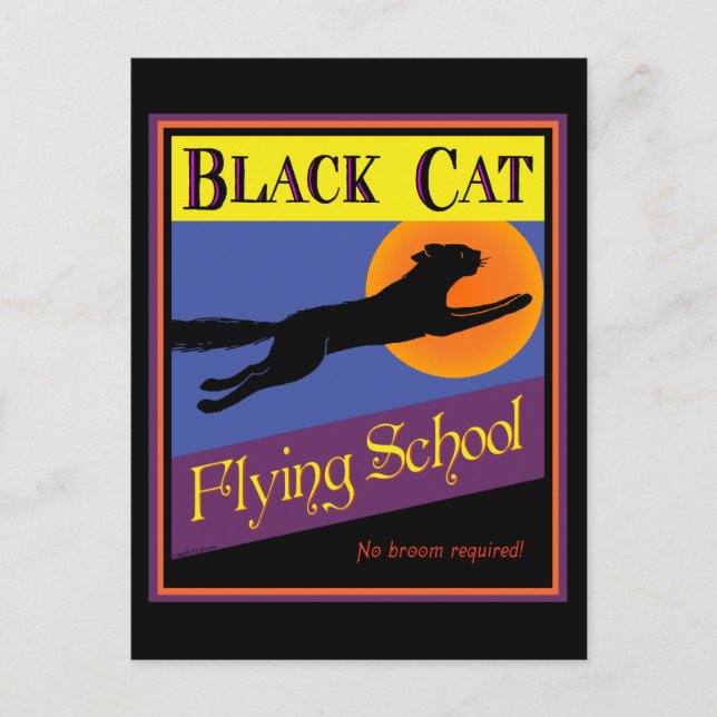Black Cat Flying School Vintage Halloween Postcard (Front)