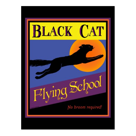 Black Cat Flying School Vintage Halloween Postcard
