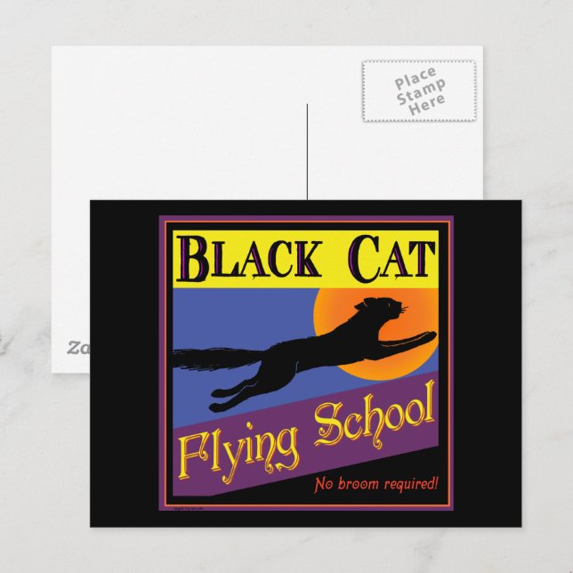 Black Cat Flying School Vintage Halloween Postcard (Front/Back)