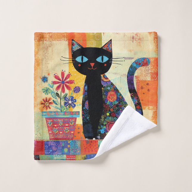 Black Cat Folk Art (Gant de toilette)
