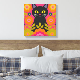 Black Cat Folk Art Canvas Print Colourful Scandina