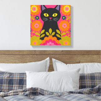 Black Cat Folk Art Canvas Print Colourful Scandina