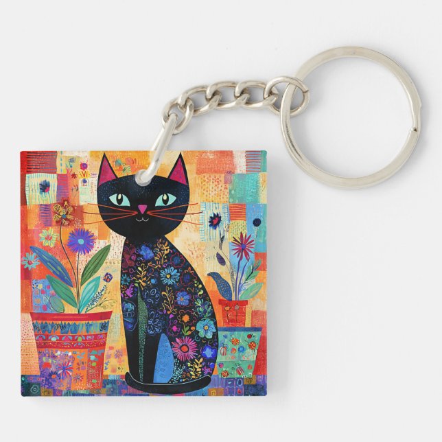Black Cat Folk Art Keychain (Back)