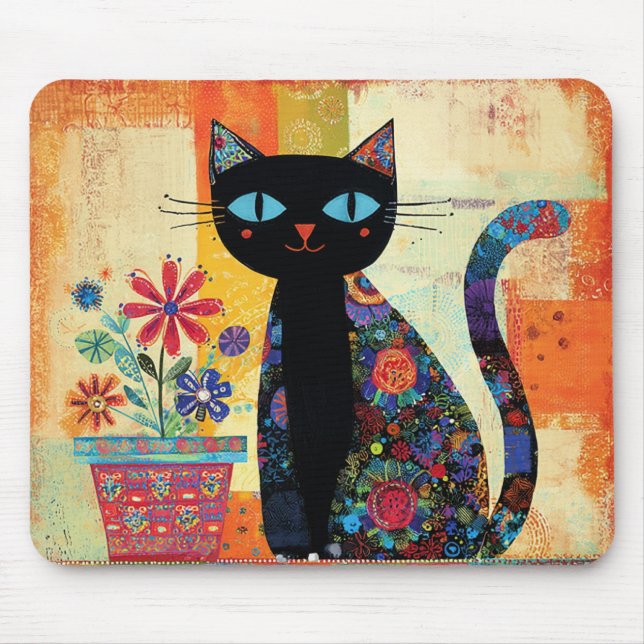 Black Cat Folk Art Mouse Pad (Front)