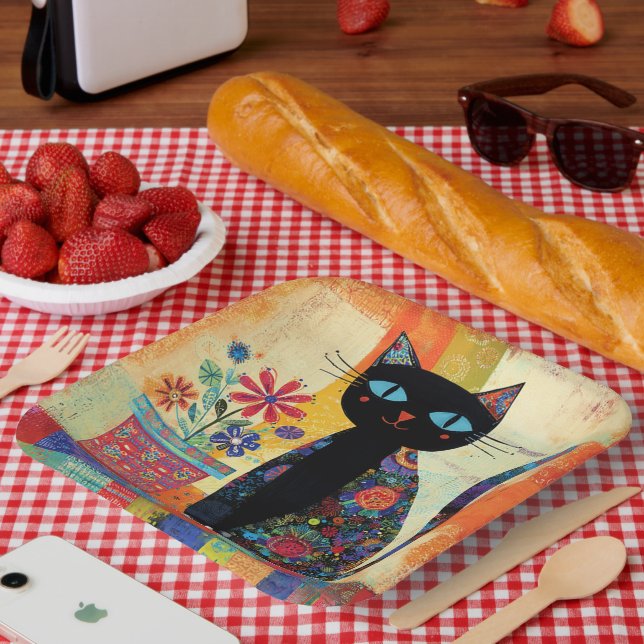 Black Cat Folk Art Paper Plate (Picnic)