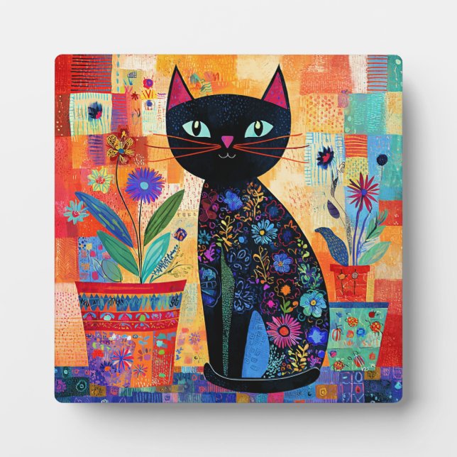 Black Cat Folk Art Plaque (Front)