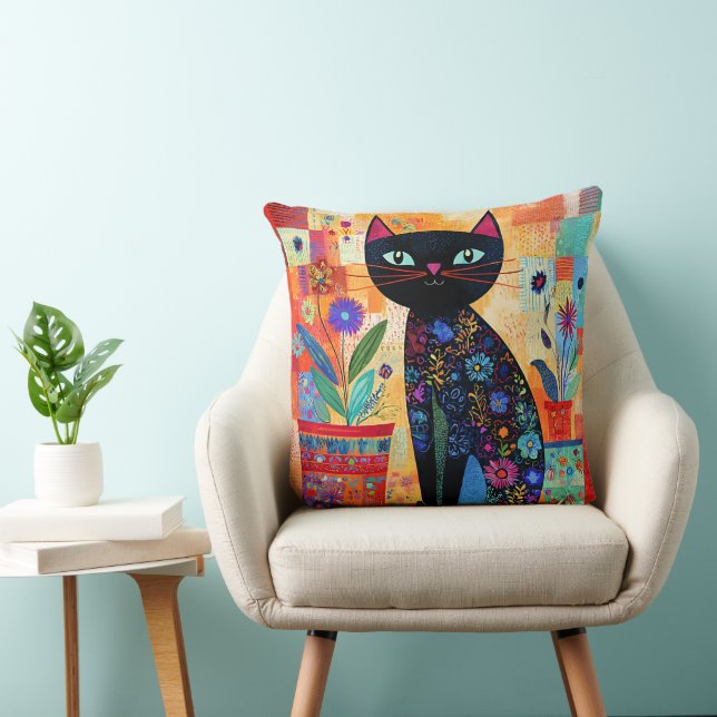 Black Cat Folk Art (Potted Plants) Throw Pillow (Chair)