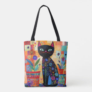Black Cat Folk Art (Potted Plants) Tote Bag