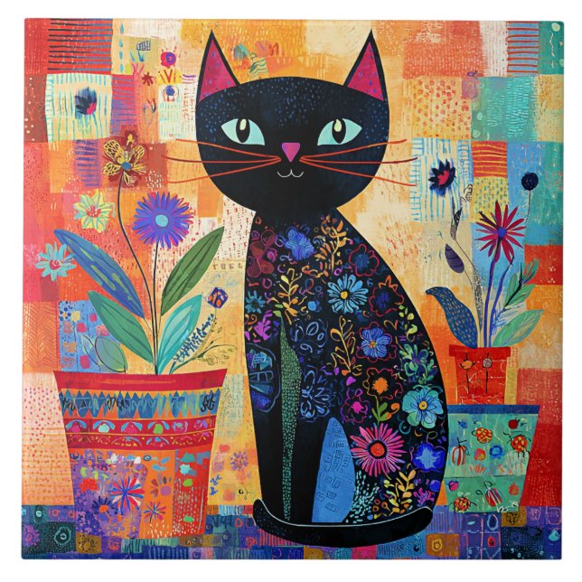 Black Cat Folk Art Tile (Front)