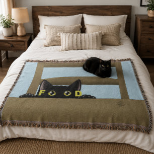 Black Cat Food Funny Hungry Kitty Humour Throw Blanket