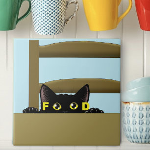 Black Cat Food Funny Hungry Kitty Humour Tile