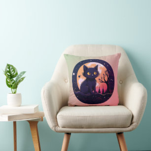 Black Cat Forest Jack-O' Lantern Pink Halloween Throw Pillow