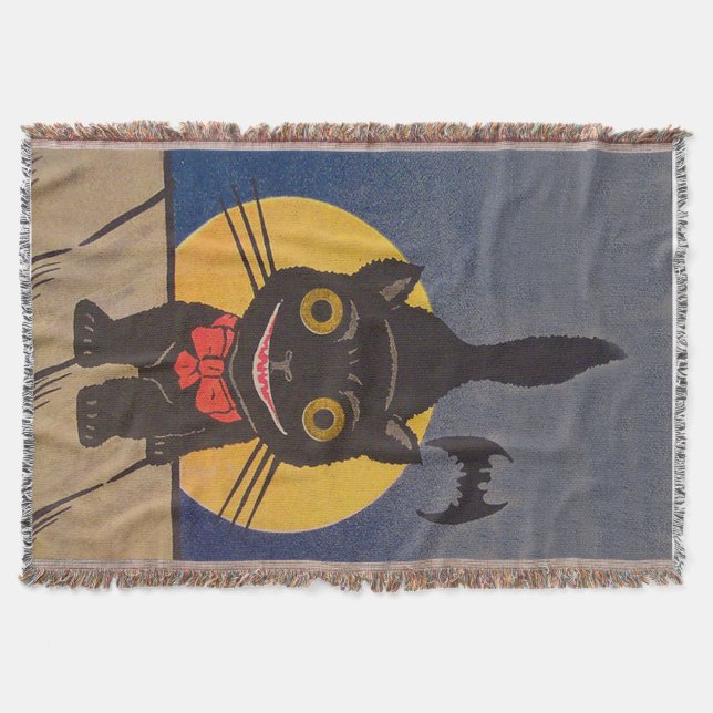 Black Cat Full Moon Bat Throw Blanket (Front)