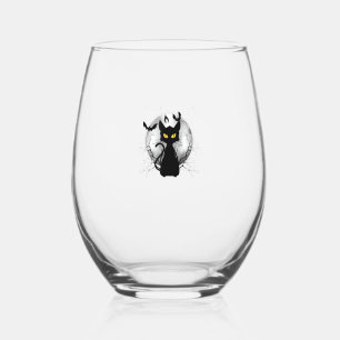 Black Cat Full Moon Bats & Starry Night Halloween Stemless Wine Glass