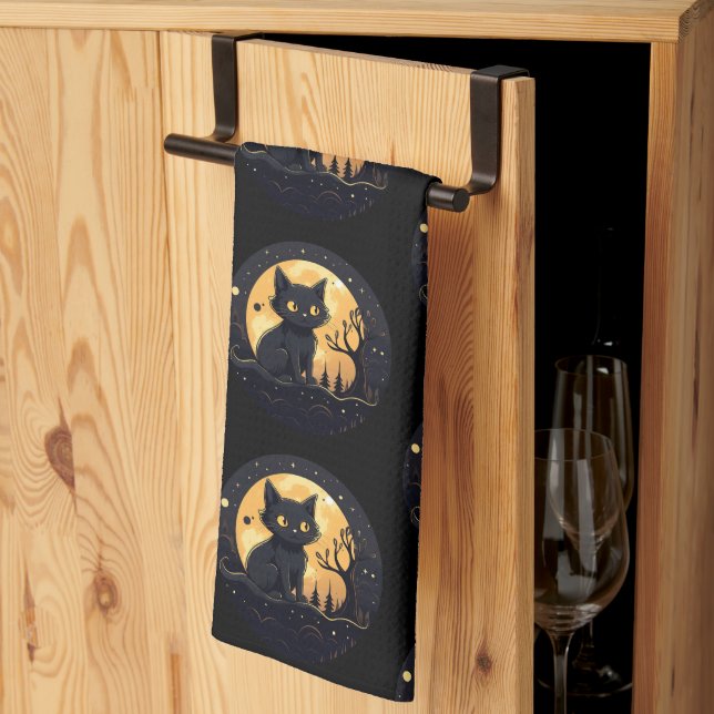 Black Cat Full Moon Celestial Black Halloween Kitchen Towel (Thirds Fold)