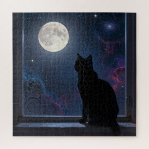 Black Cat Full Moon Galaxy Window Scene Jigsaw Puzzle