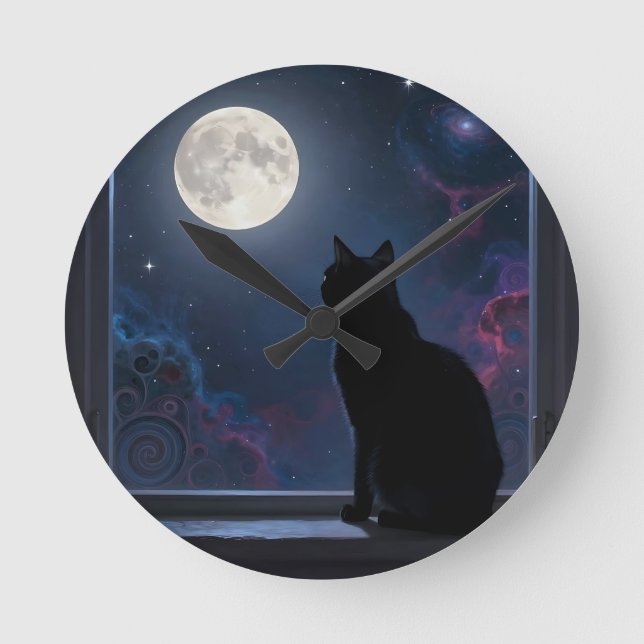 Black Cat Full Moon Galaxy Window Scene Round Clock (Front)