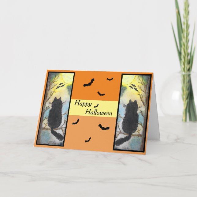 Black Cat Full Moon Halloween Card (Front)