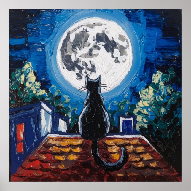 Black Cat Full Moon Rooftop Poster (Front)