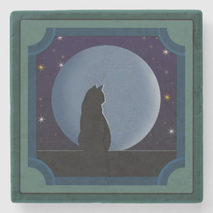 Black Cat, Full Moon, Stars Stone Coaster
