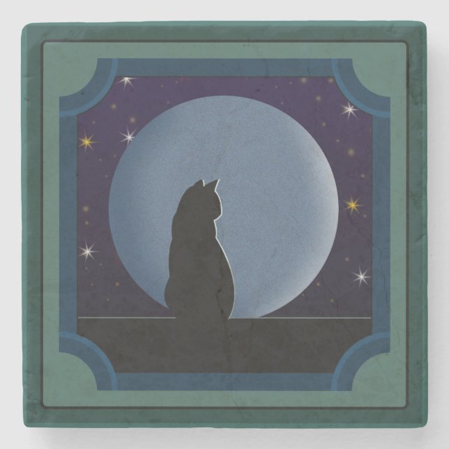 Black Cat, Full Moon, Stars Stone Coaster (Front)