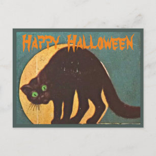 Black Cat & Full Moon - Vintage Happy Halloween Holiday Postcard