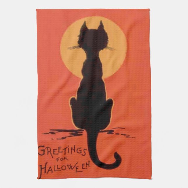 Black Cat Full Moon Yellow Orange Kitchen Towel (Vertical)