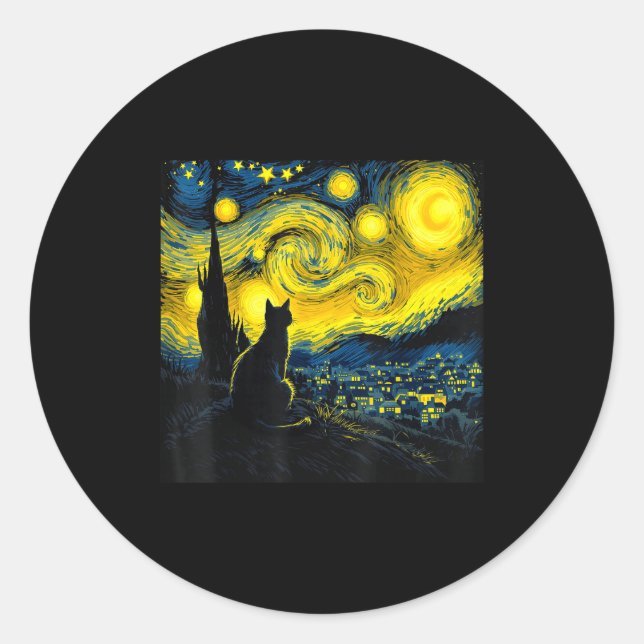 Black Cat Funny Cat Lover Mom Daddy Starry Night V Classic Round Sticker (Front)