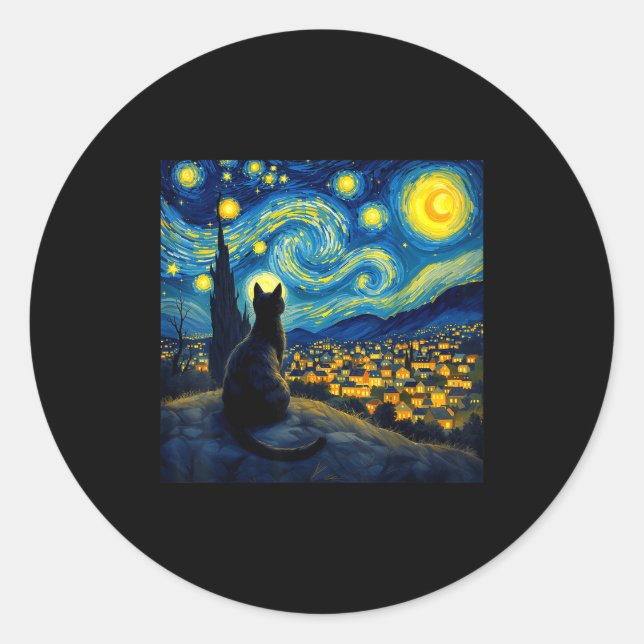 Black Cat Funny Cat Lover Mom Daddy Starry Night V Classic Round Sticker (Front)