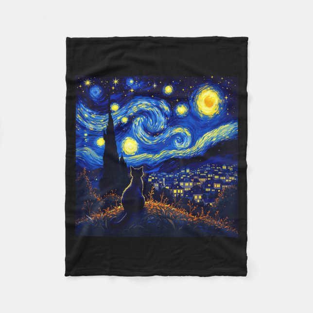 Black Cat Funny Cat Lover Mom Daddy Starry Night V Fleece Blanket (Front)