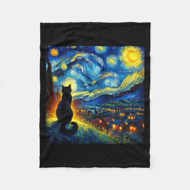 Black Cat Funny Cat Lover Mom Daddy Starry Night V Fleece Blanket (Front)