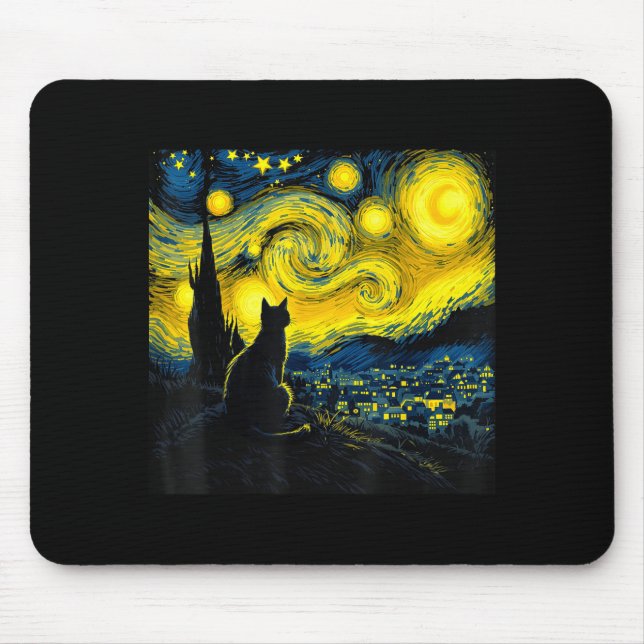 Black Cat Funny Cat Lover Mom Daddy Starry Night V Mouse Pad (Front)
