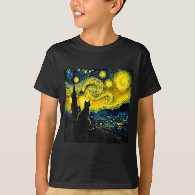 Black Cat Funny Cat Lover Mom Daddy Starry Night V T-Shirt (Front)