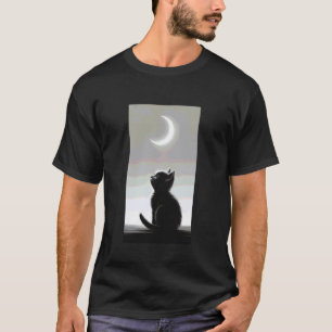Black Cat Gazing at Crescent Moon Minimalist Night T-Shirt
