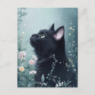 Black Cat Gazing Upward in Magical Flower Garden Postcard